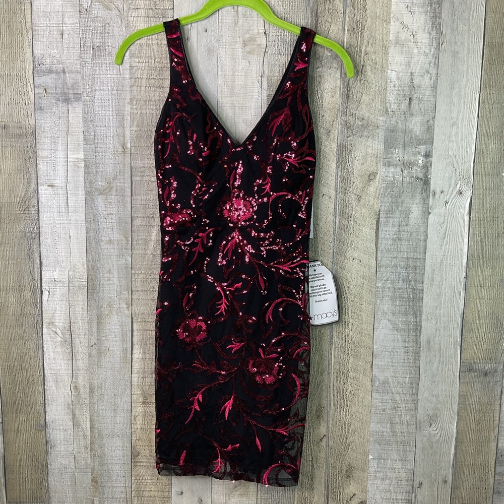 Sequin Hearts Size 1 Red Embroidered & Red Sequin Over Black Mesh Mini Dress